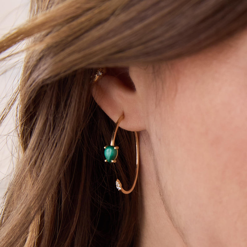 14k Pear Malachite & Diamond Jacket Hoop Earrings worn by a person with long hair.