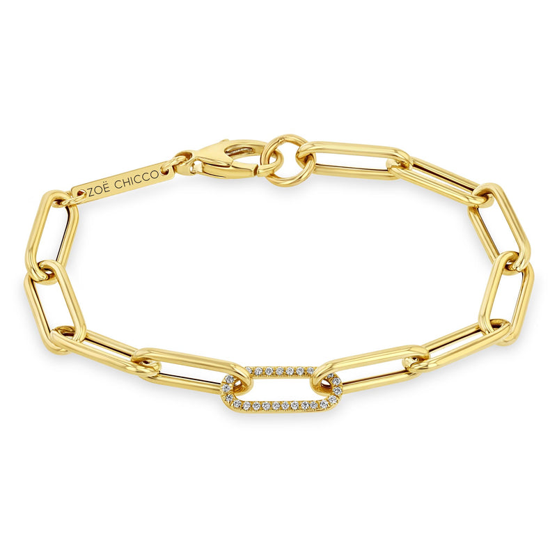 Paperclip Bracelet with Diamond Link 14K Yellow Gold / 3