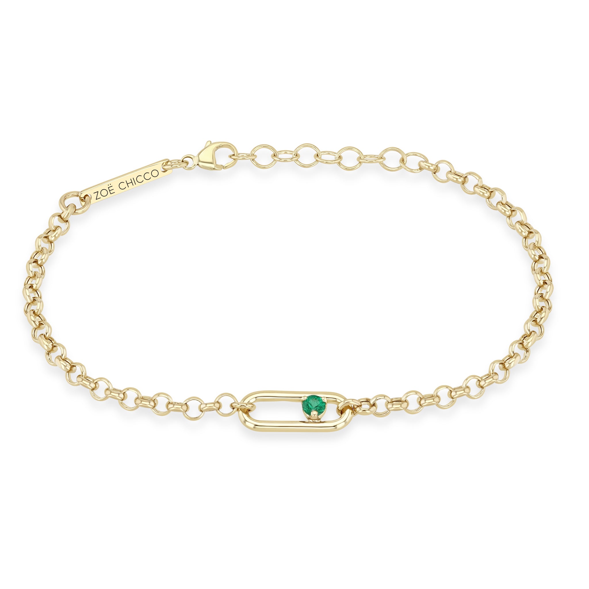 Zoe Chicco 14k Single Nested Emerald Large Paperclip Link Medium Rolo Bracelet on a white background