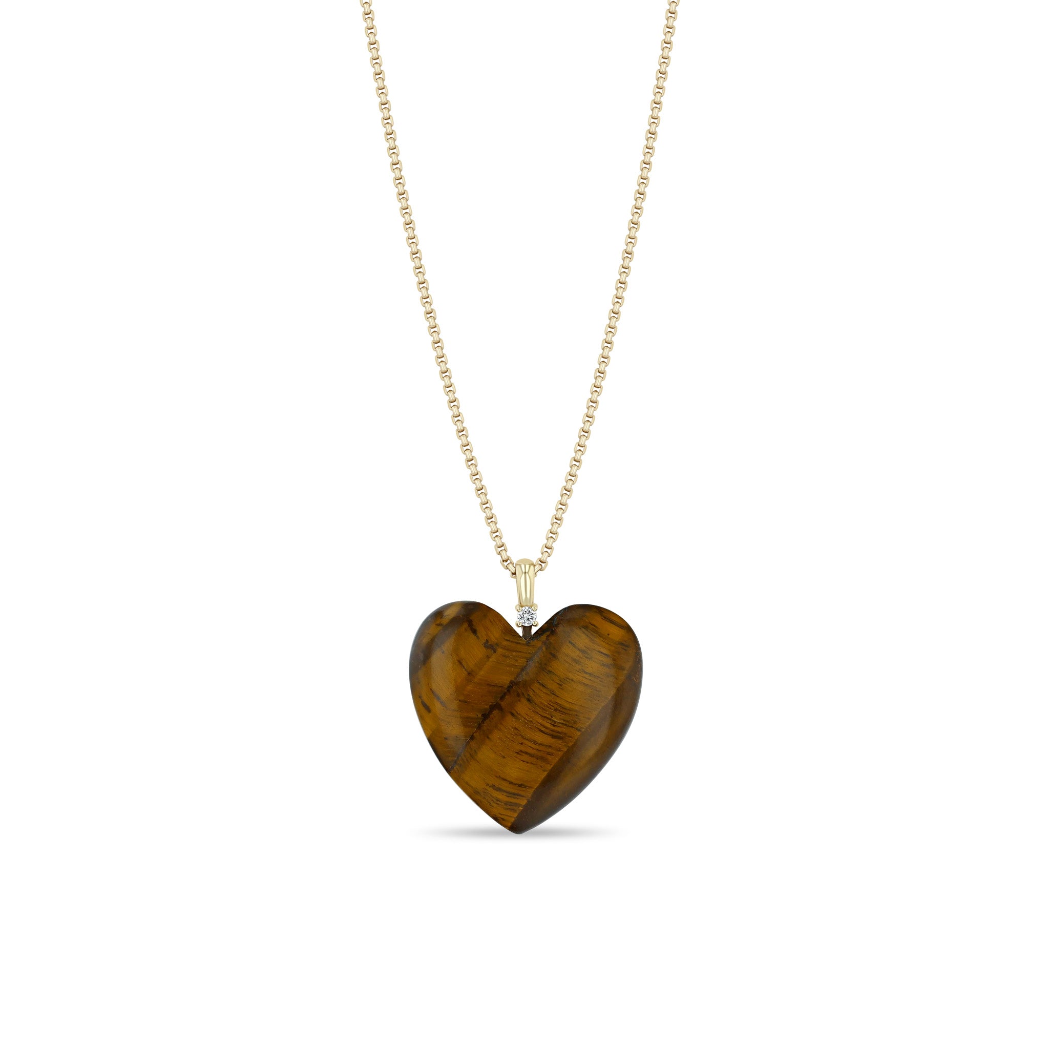 Zoe Chicco 14k Large Tiger Eye Heart Pendant Extra Small Box Chain Necklace on a white background