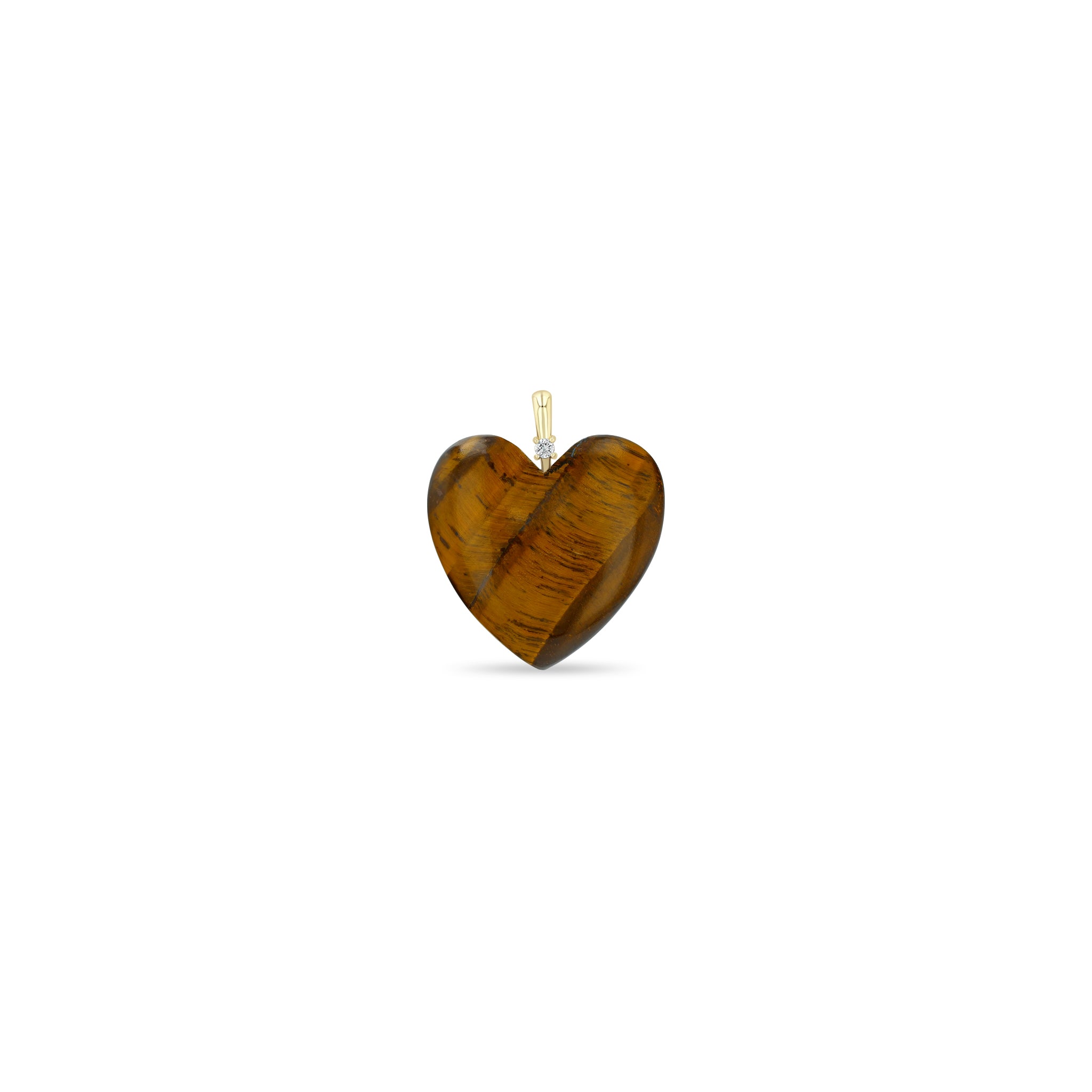 Zoe Chicco 14k Gold Single Large Tiger Eye Heart with Diamond Bail Charm Pendant on a white background