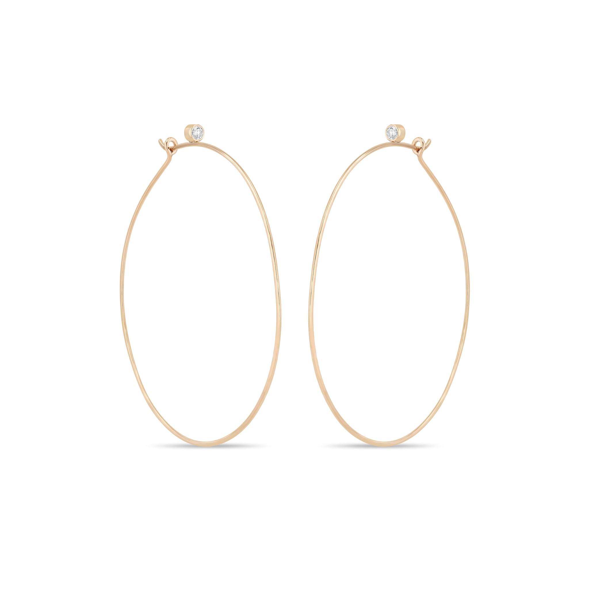 Zoe Chicco 14k Rose Gold Bezel Diamond Large Thin Hammered Hoops on a white background 