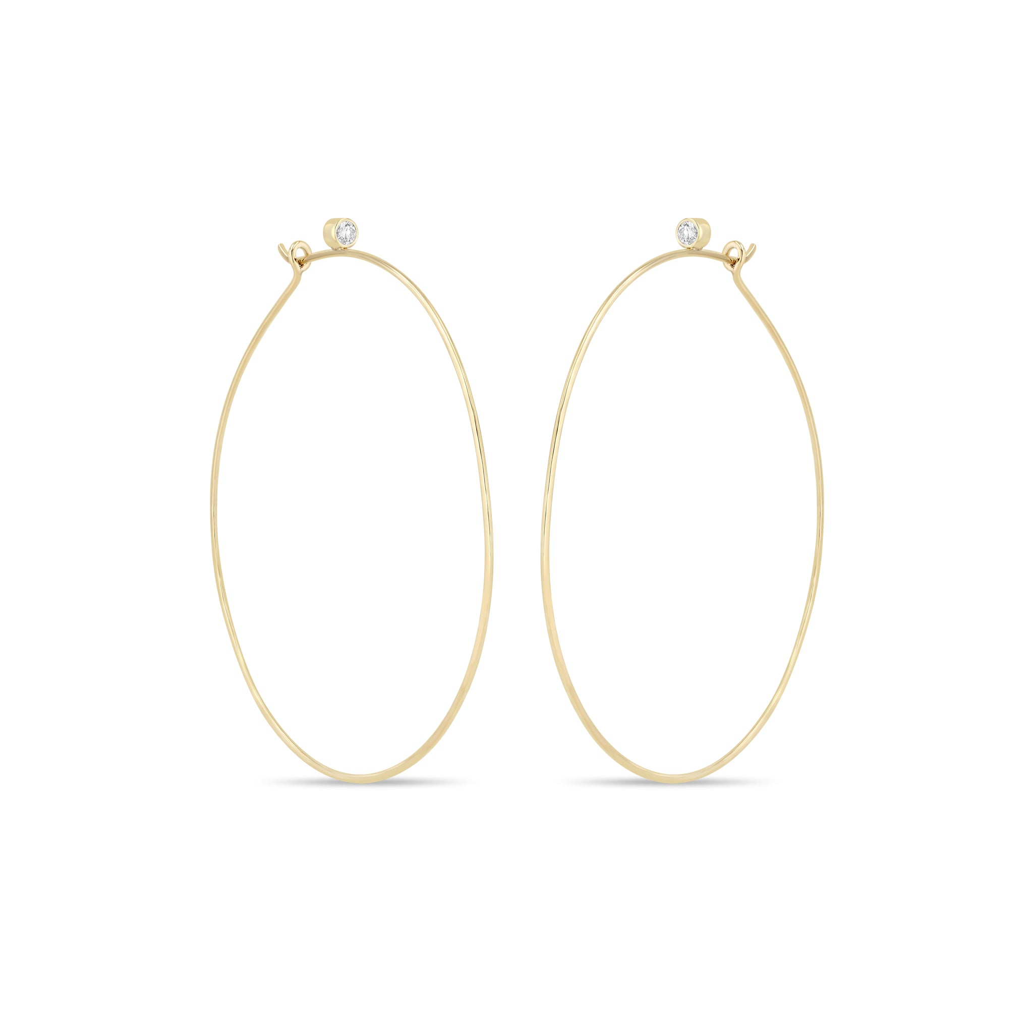 Zoe Chicco 14k Gold Bezel Diamond Large Thin Hammered Hoops on a white background 