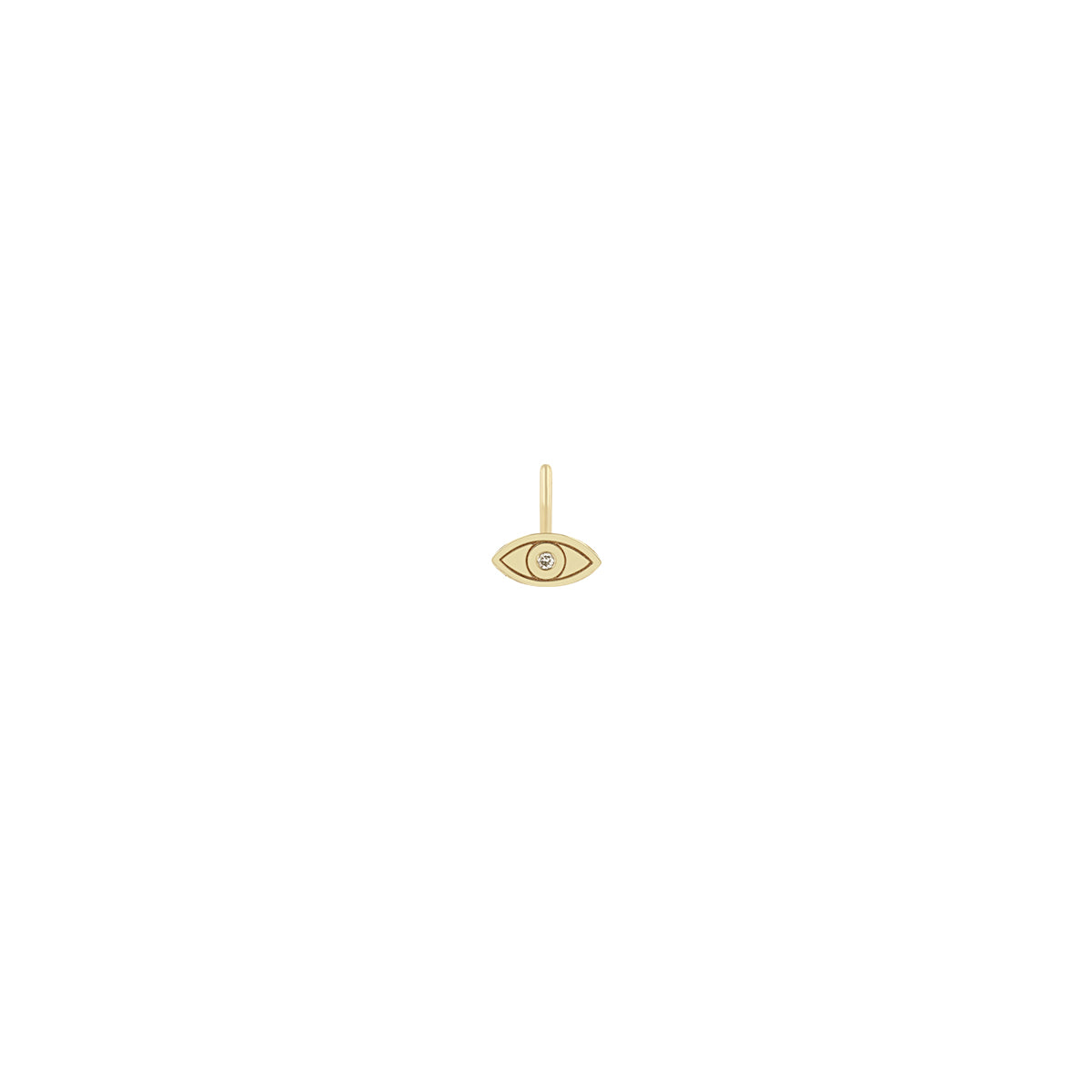 Zoe Chicco 14k gold evil eye charm with a single white diamond in the center on a white background