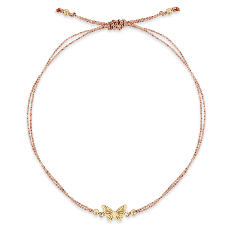 top down view of a Zoë Chicco 14k Gold Midi Bitty Butterfly Light Pink Cord Bracelet