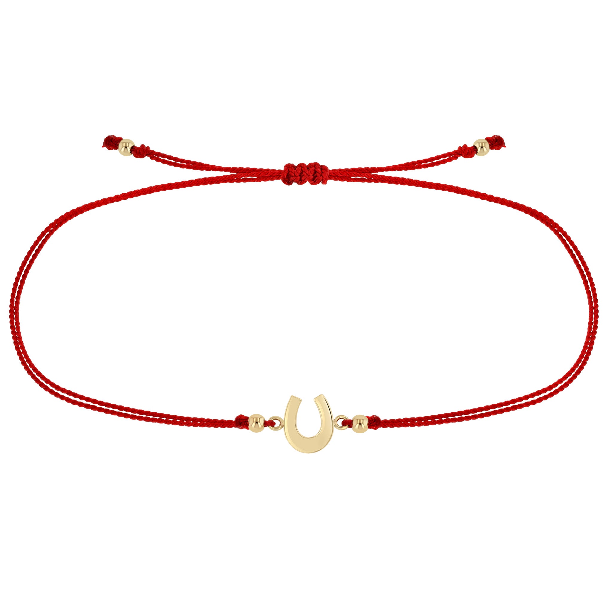 Zoe Chicco 14k gold horseshoe charm red cord bracelet on a white background