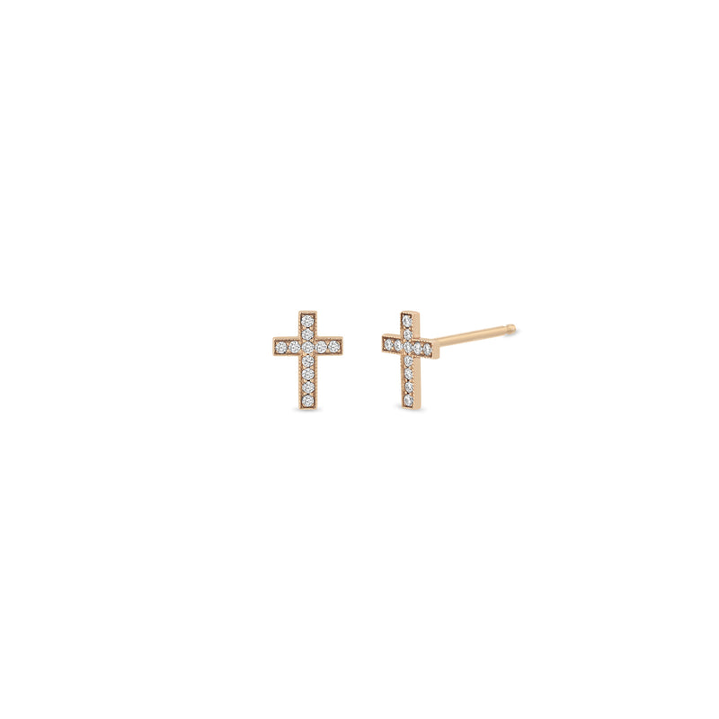 14k Rose Gold Pave Diamond Midi Bitty Cross Stud Earrings