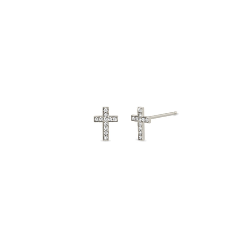 14k White Gold Pave Diamond Midi Bitty Cross Stud Earrings