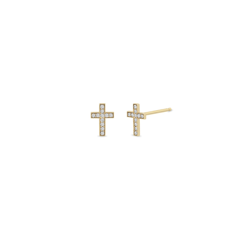 14k Yellow Gold Pave Diamond Midi Bitty Cross Stud Earrings