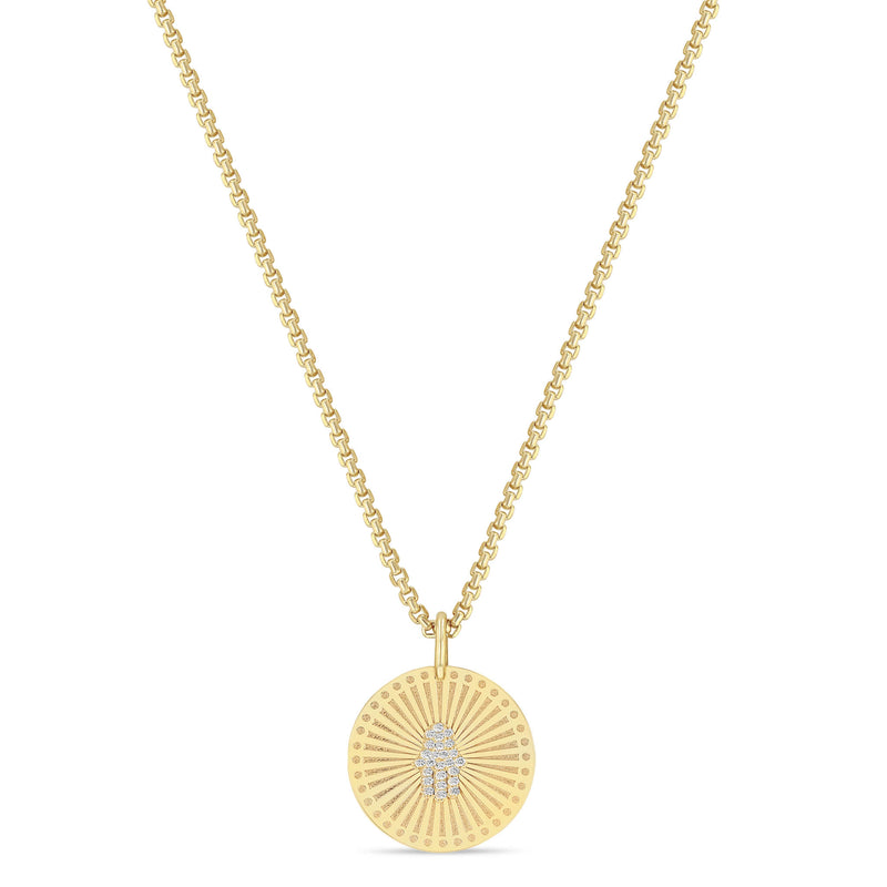 14k Pavé Diamond Hamsa Medium Sunbeam Medallion Box Chain Necklace
