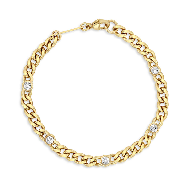 top down view of  a Zoë Chicco 14k Gold Medium Curb Chain Bracelet with 5 Floating Diamonds