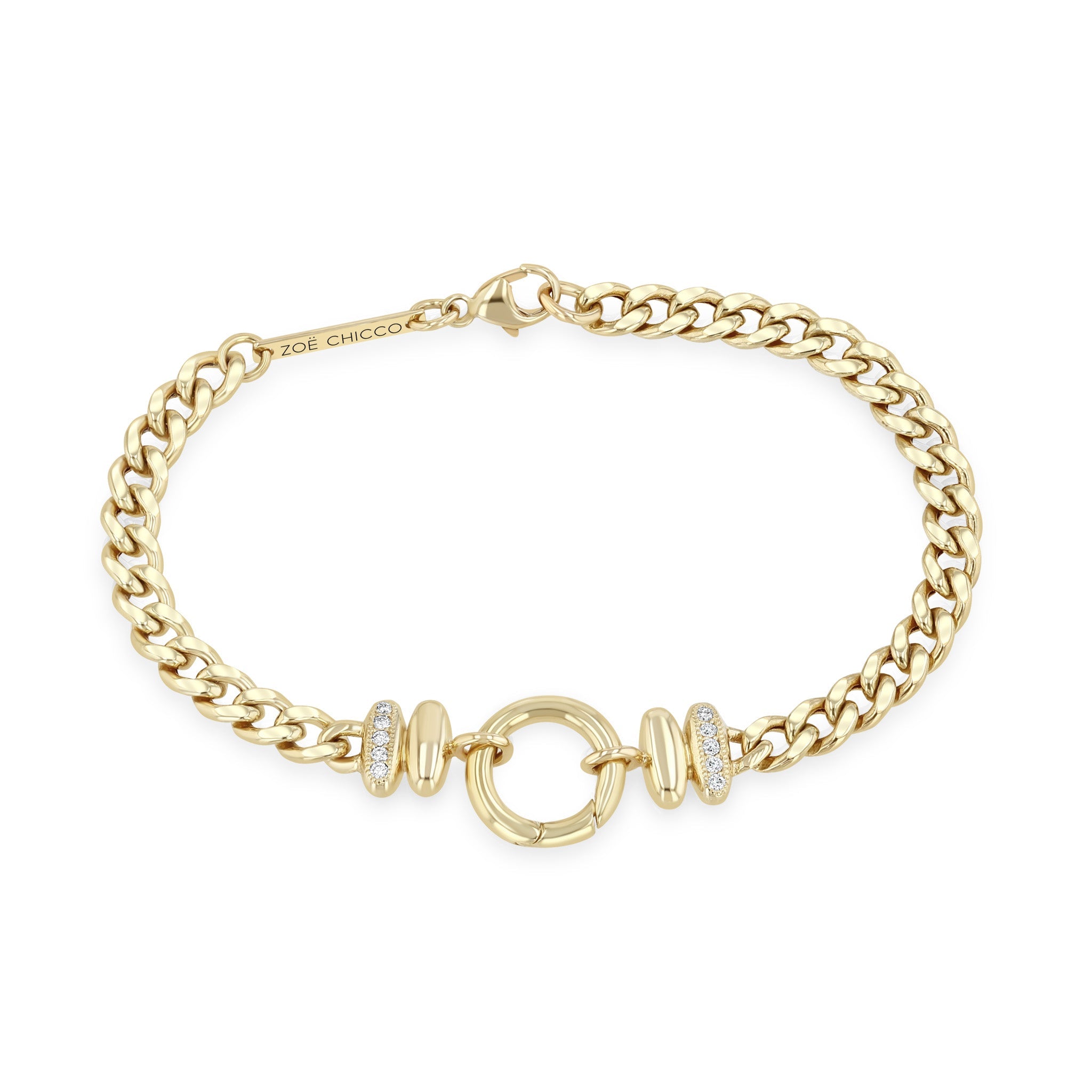Zoe Chicco 14k gold chain bracelet with circle clasp and small diamonds on a white background