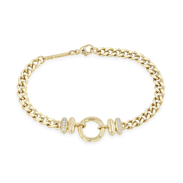 Zoe Chicco 14k gold chain bracelet with circle clasp and small diamonds on a white background
