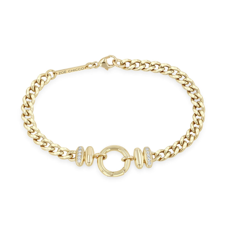 Zoe Chicco 14k gold chain bracelet with circle clasp and small diamonds on a white background
