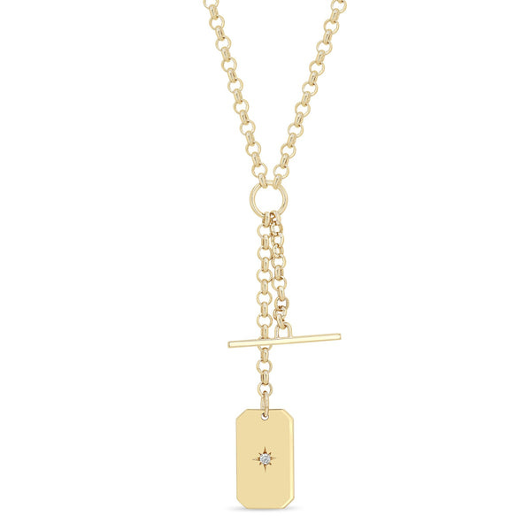 Zoe Chicco 14k gold chain necklace with a tag pendant on a white background