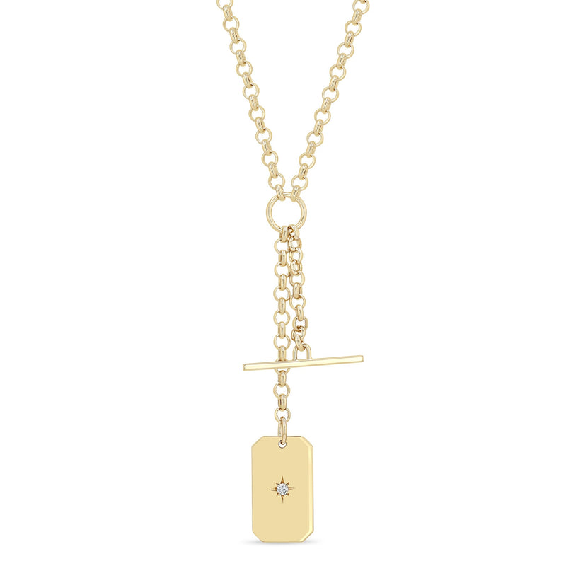 Zoe Chicco 14k gold chain necklace with a tag pendant on a white background