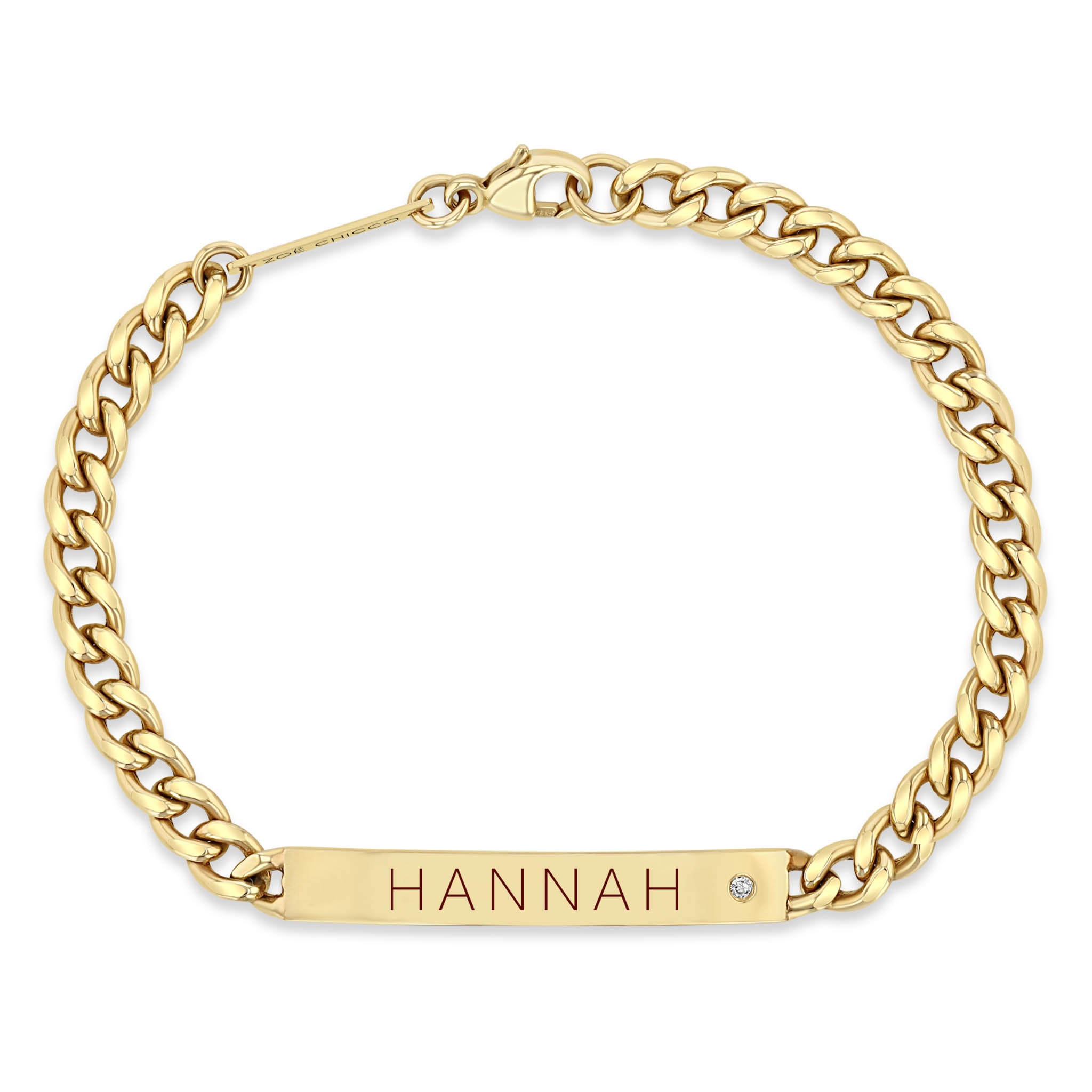 top down view of a Zoë Chicco 14k Medium Curb Chain Personalized ID Bracelet with Diamond engraved with "HANNAH"