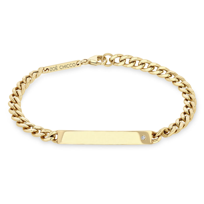 Men's 14k Gold Medium Curb Chain ID Bracelet with Diamond