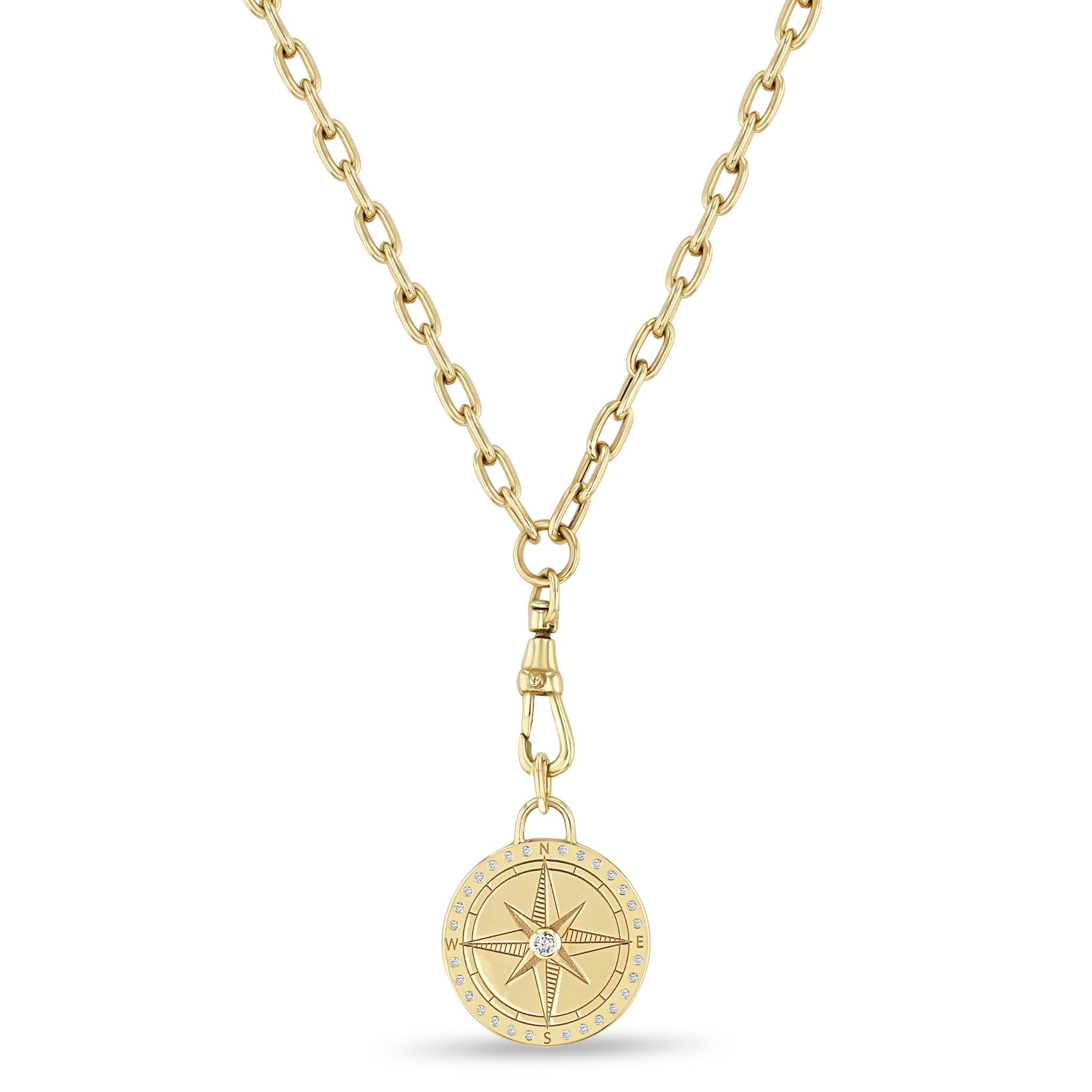 Zoë Chicco 14k Gold Medium Compass Medallion Square Oval Chain with Fob Clasp Necklace