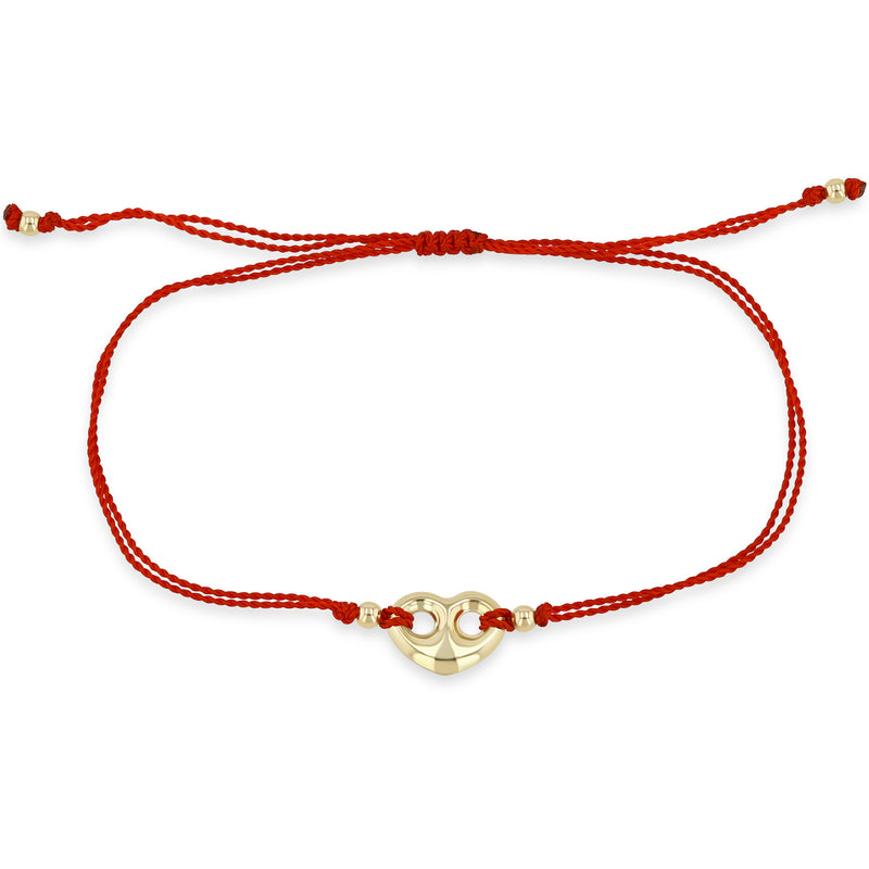 Zoe Chicco 14k gold red cord bracelet with a single mariner heart link on a white background