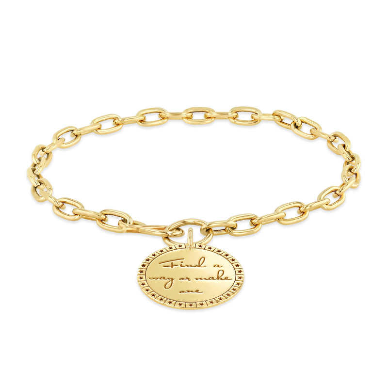 Zoë Chicco 14k Gold Medium Mantra Charm Oval Link Chain Hook Bracelet engraved with "Find a way or make one"