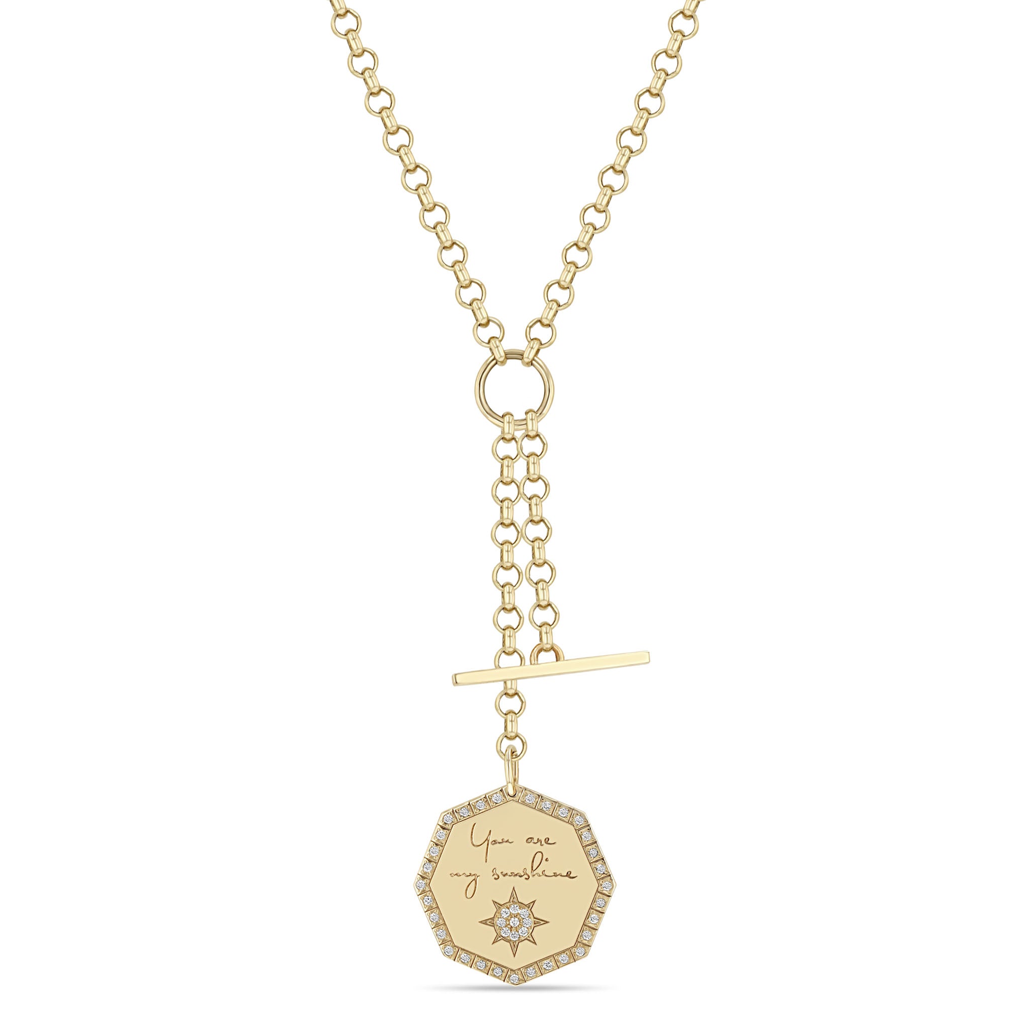 Zoë Chicco 14k Gold Medium "You are my sunshine" Diamond Octagon Mantra & Toggle Rolo Chain Lariat Necklace