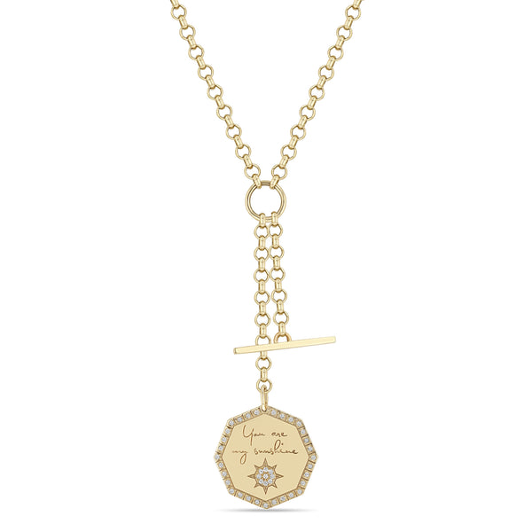 Zoë Chicco 14k Gold Medium "You are my sunshine" Diamond Octagon Mantra & Toggle Rolo Chain Lariat Necklace