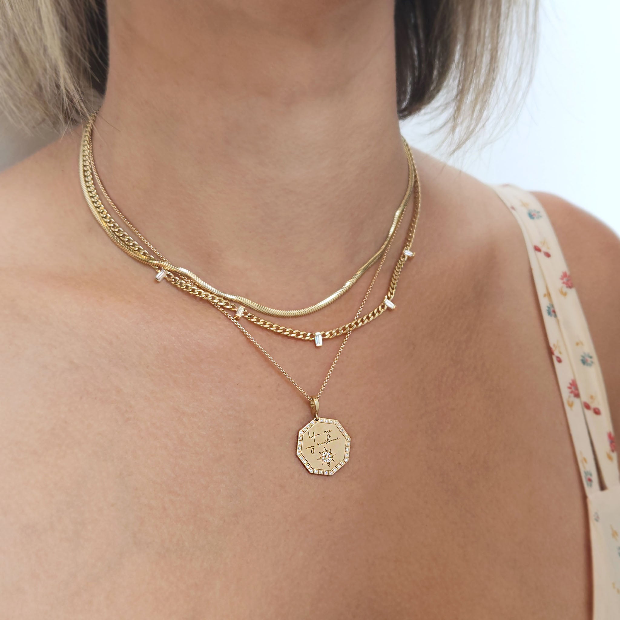 14k Medium "You are my sunshine" Diamond Octagon Mantra Box Chain Necklace