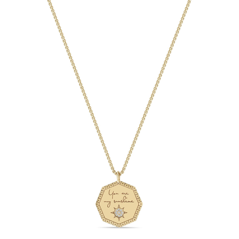 Zoë Chicco 14k Gold Medium "You are my sunshine" Diamond Octagon Mantra Box Chain Necklace with Plain Line and Dot Border