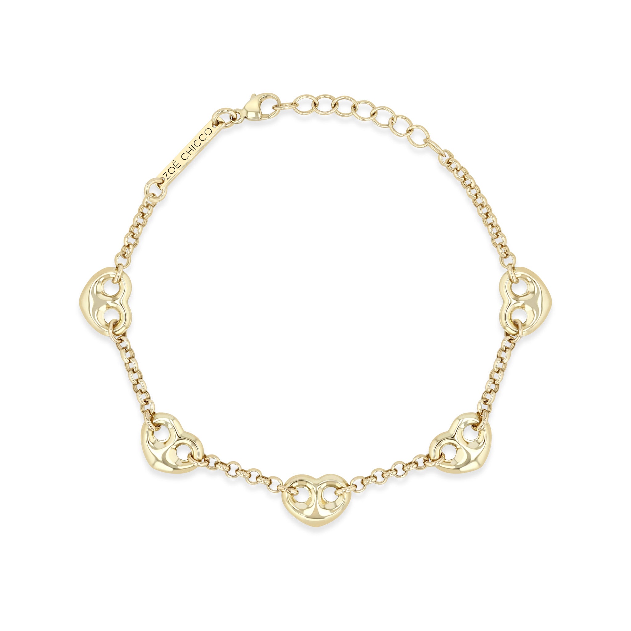 Zoe Chicco 14k Medium Puffed Heart Mariner Station Small Rolo Chain Bracelet on a white background