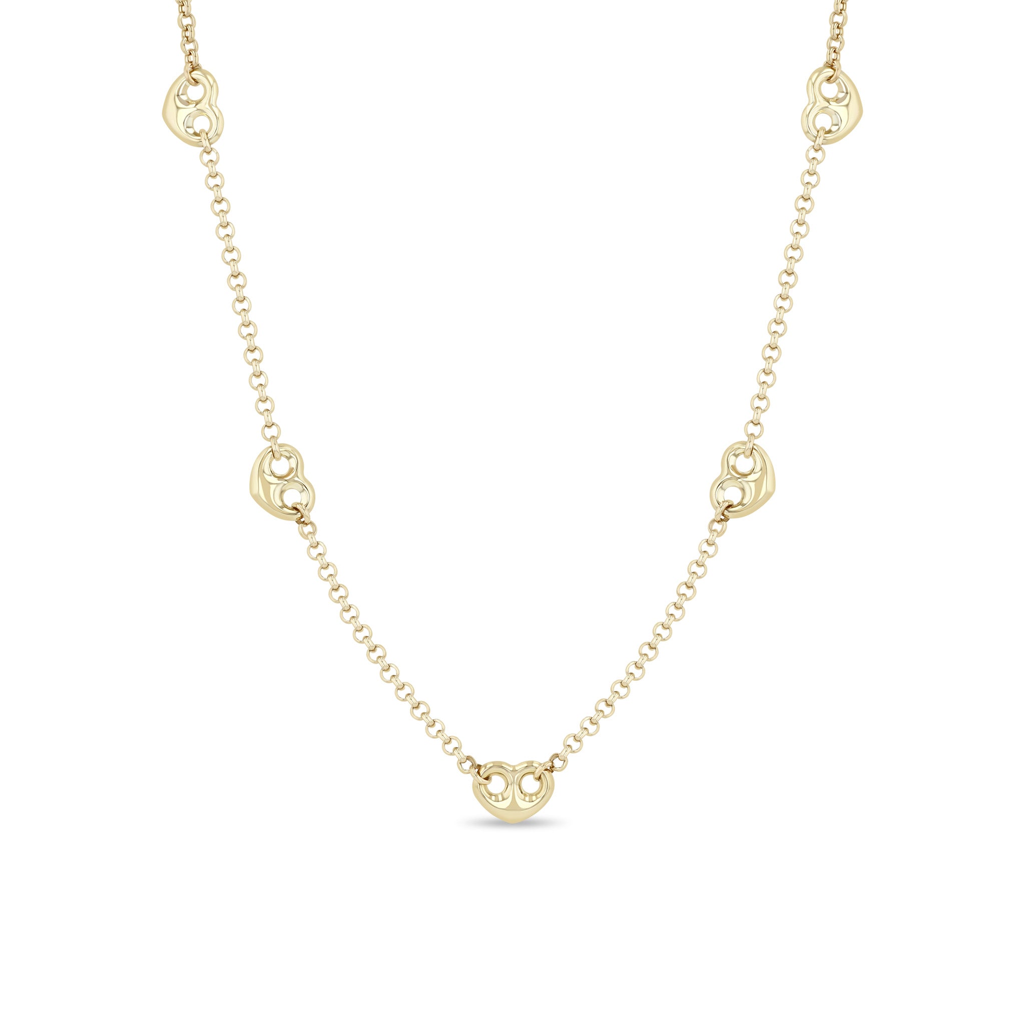 Zoë Chicco 14k Medium Puffed Heart Mariner Station Small Rolo Chain Necklace on a white background
