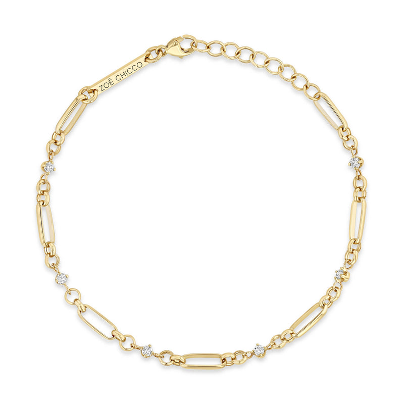 top down view of a Zoë Chicco 14k Gold Linked Prong Diamond & Medium Paperclip Rolo Chain Bracelet