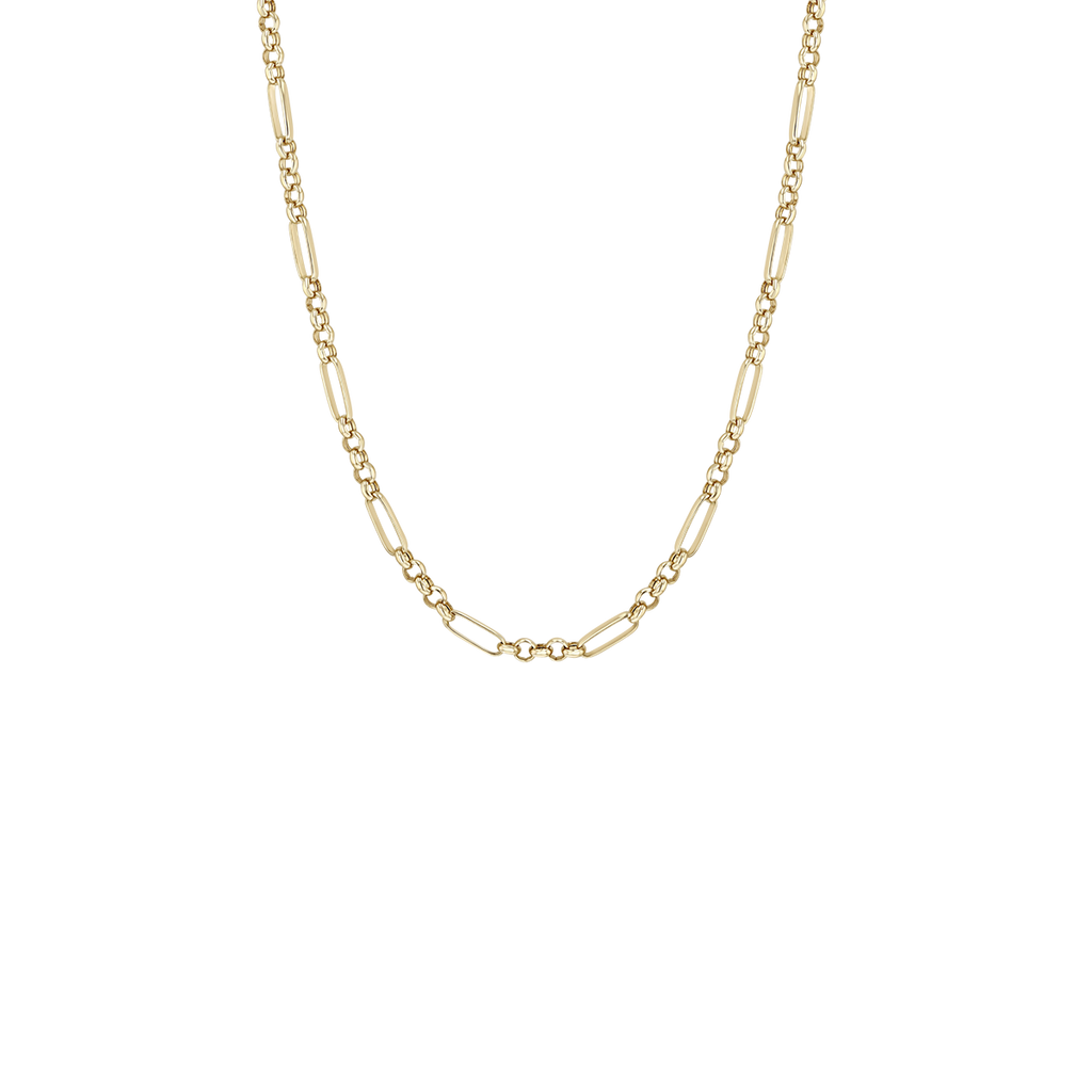 Zoe Chicco 14k gold paperclip and rolo chain necklace on a transparent background