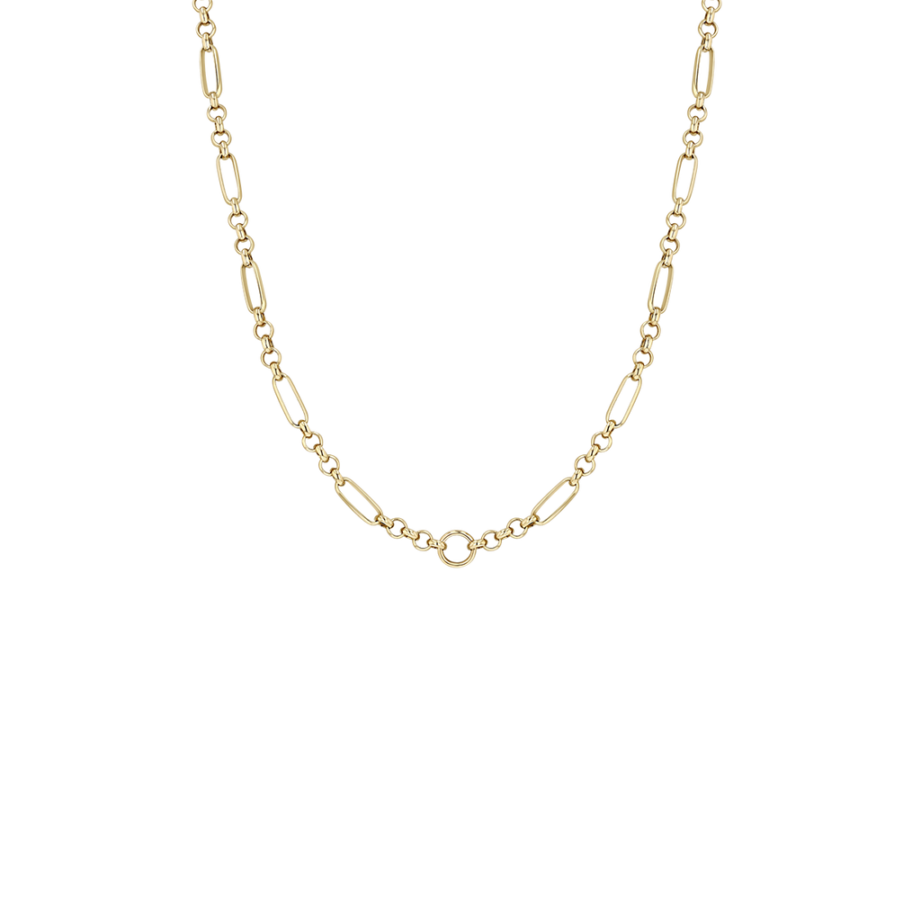 Zoe Chicco 14k gold medium paperclip and rolo chain necklace on a transparent background