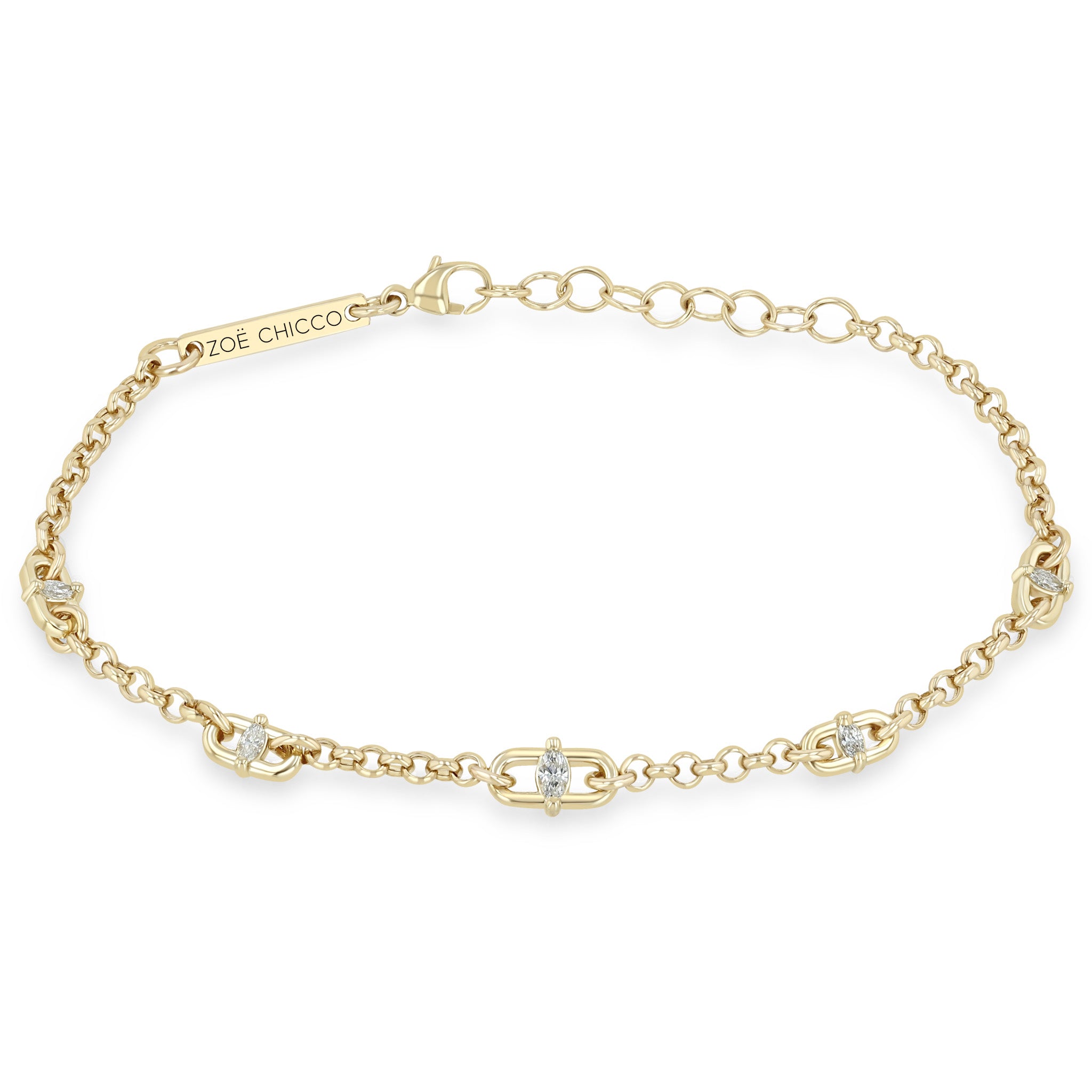 Zoe Chicco 14k Marquise Diamond Open Link Small Rolo Chain Station Bracelet on a white background
