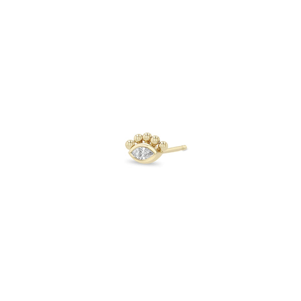 Single Zoe Chicco 14k gold earring with a central diamond and small beads on top with a white background