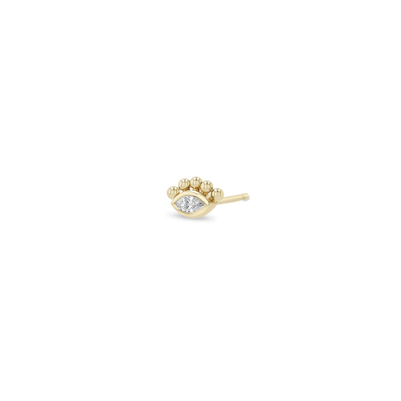 Single Zoe Chicco 14k gold earring with a central diamond and small beads on top with a white background