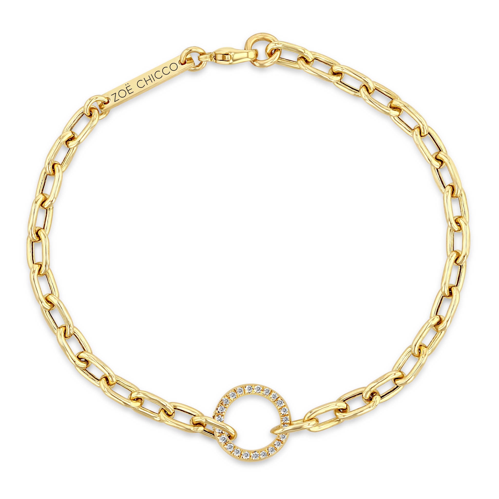 top down view of a Zoë Chicco 14k Gold Pavé Diamond Circle Medium Square Oval Link Chain Bracelet