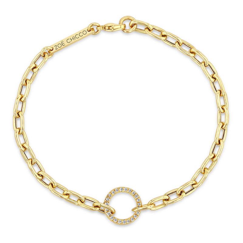 top down view of a Zoë Chicco 14k Gold Pavé Diamond Circle Medium Square Oval Link Chain Bracelet