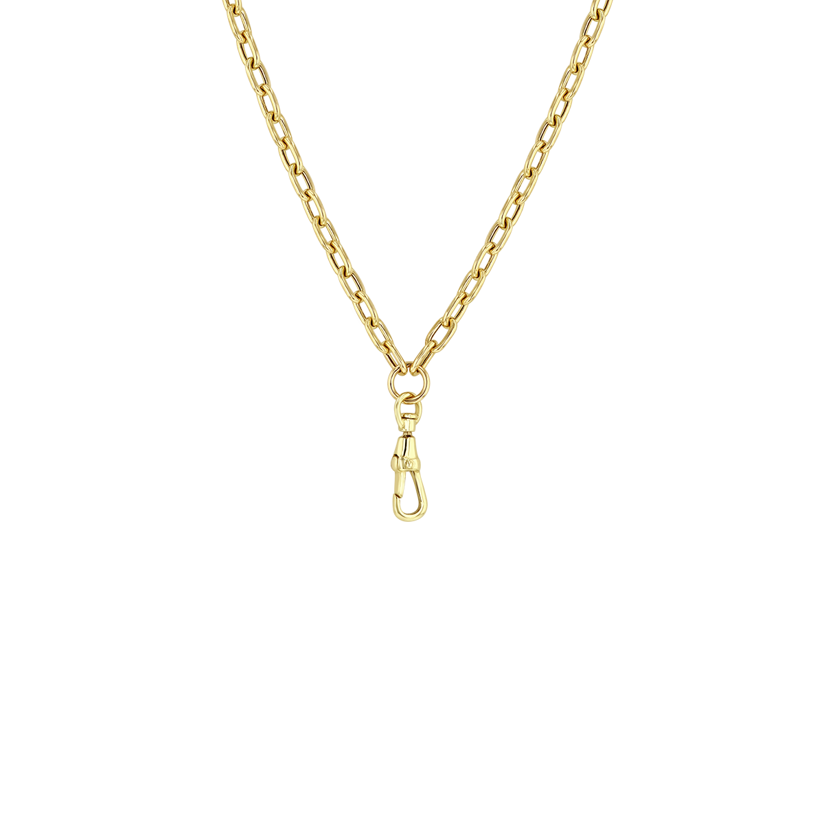Zoe Chicco 14k gold large oval chain necklace with a clasp drop at the end for charms on a transparent background