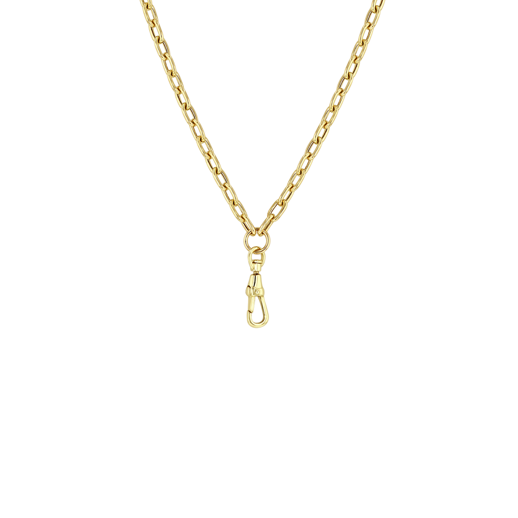 Zoe Chicco 14k gold large oval chain necklace with a clasp drop at the end for charms on a transparent background