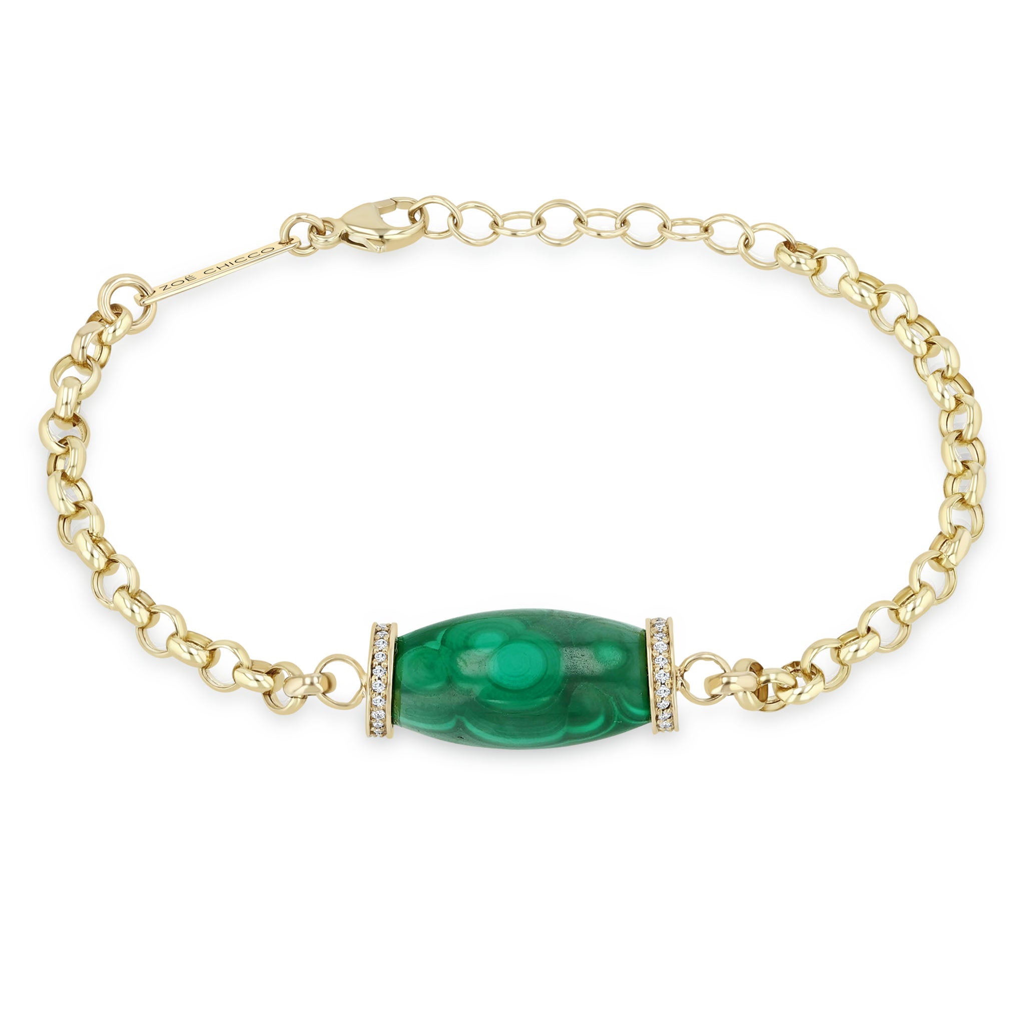 Zoe Chicco 14k Diamond Malachite Barrel Bead Large Rolo Chain Bracelet