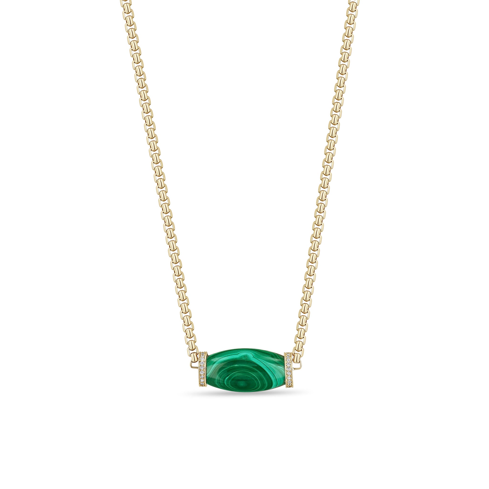 Zoe Chicco 14k Diamond Malachite Barrel Bead Medium Box Chain Necklace