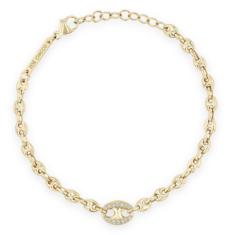 top down view of a Zoë Chicco 14k Gold Single Large Diamond Link Small Mariner Chain Bracelet