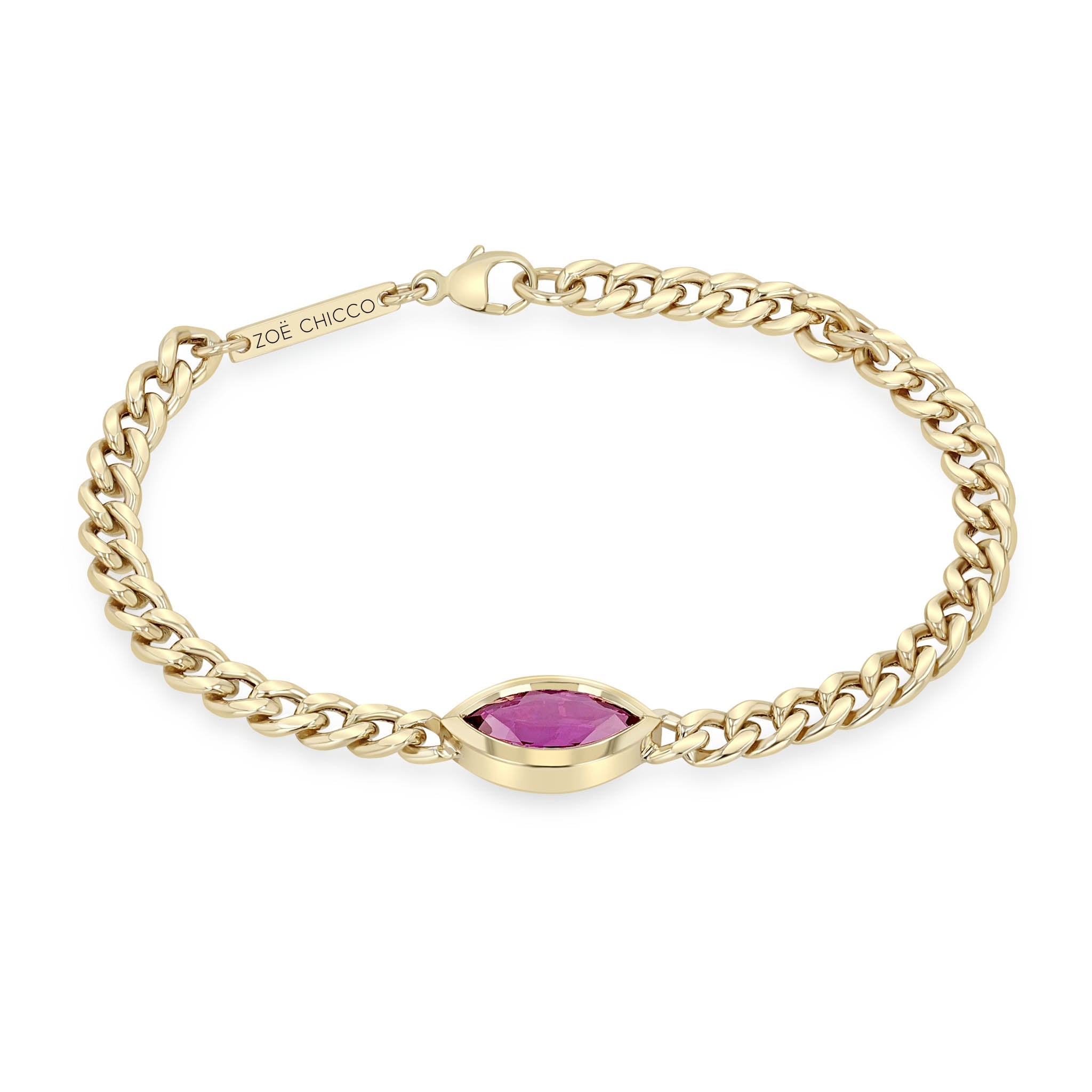 Zoe Chicco 14k Gold chain bracelet with a pink sapphire stone on a white background