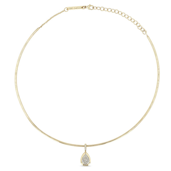 Zoe Chicco 14K Gold wire necklace with a teardrop diamond stone pendant on a white background