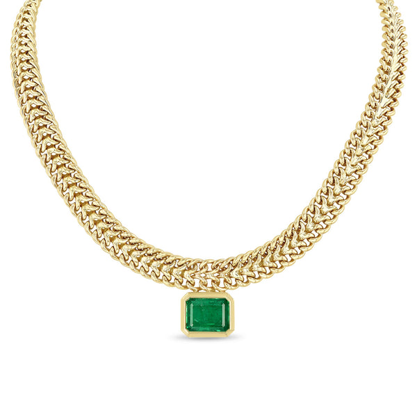 Zoë Chicco 14k Gold One of a Kind Emerald Cut Emerald Bezel Double Wide Curb Chain Necklace