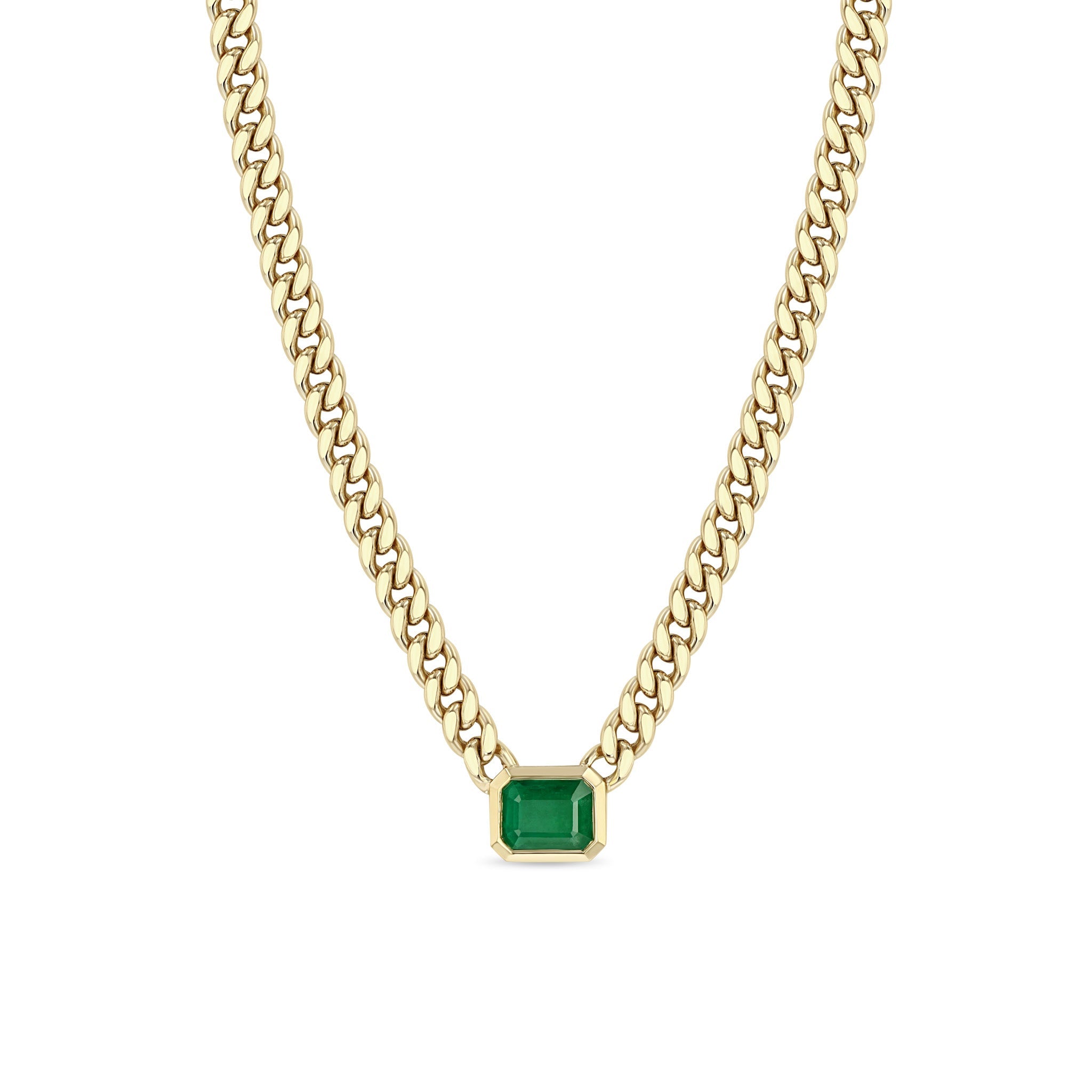Zoë Chicco 14k gold large chain emerald cut Zambian emerald necklace on white background