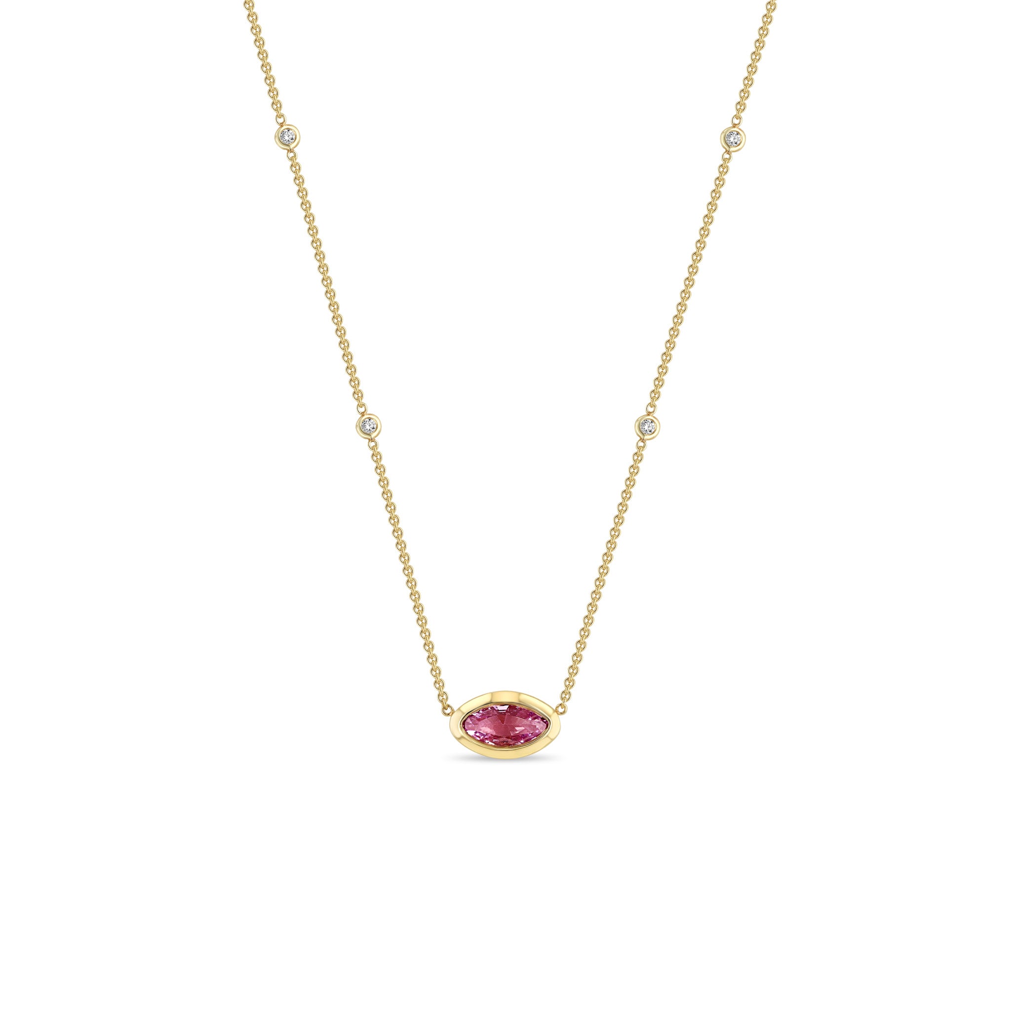 Zoë Chicco 14k Gold One of a Kind Marquise Pink Sapphire with Floating Diamond Stations Necklace