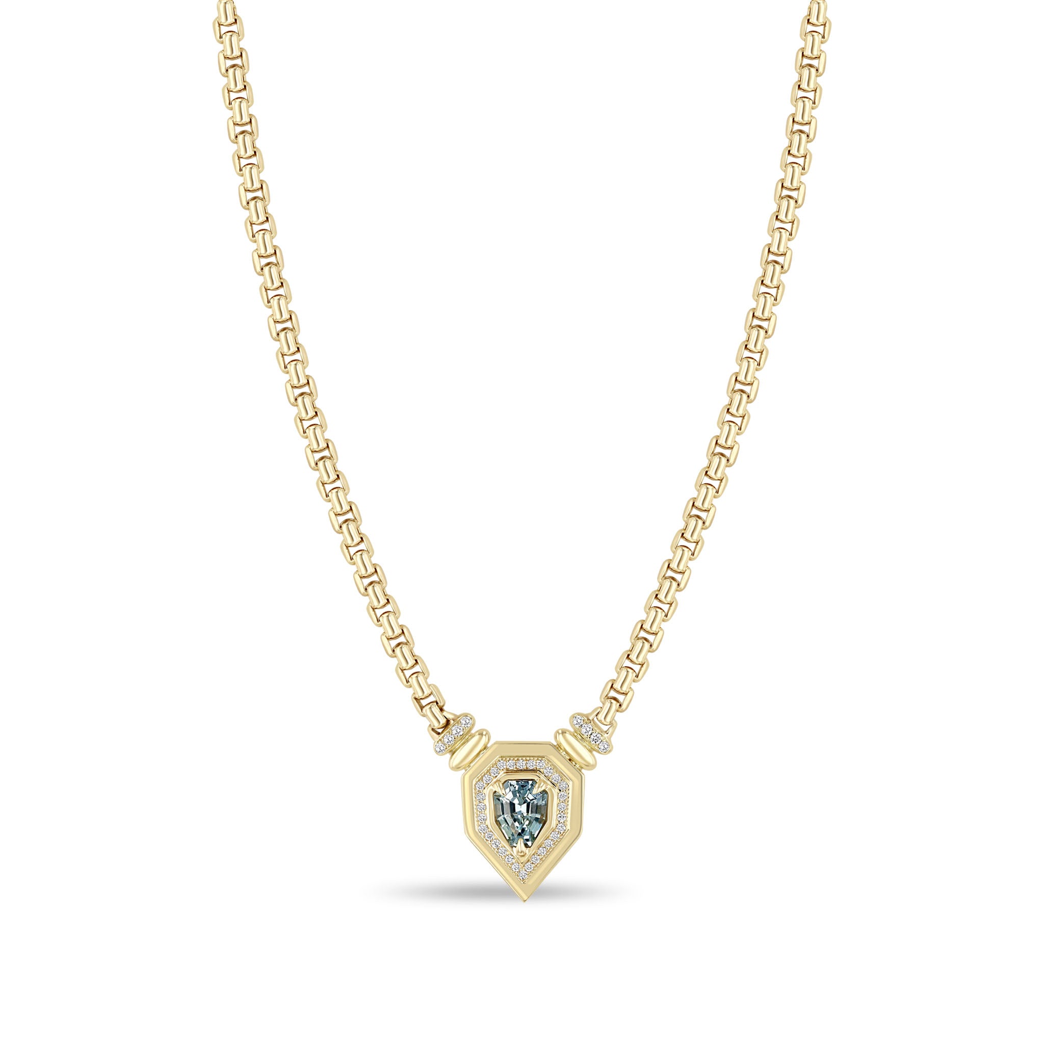 One of a Kind Zoë Chicco 14k Gold Shield Blue Sapphire Pavé Diamond Bezel Box Chain Necklace